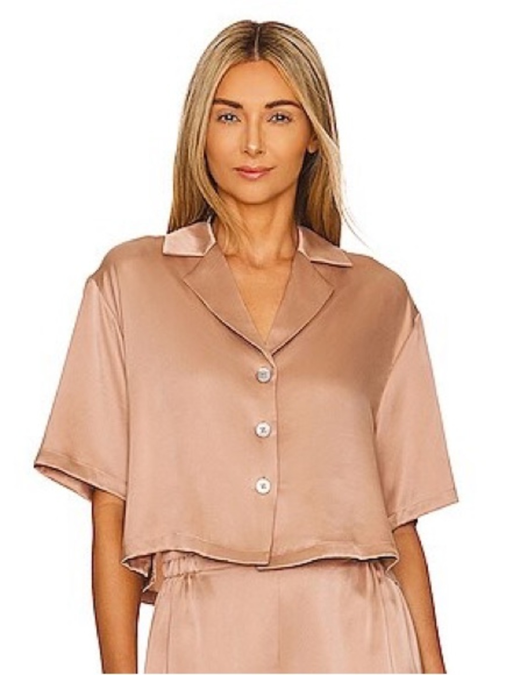 LUNYA Washable Silk Button Front Relaxed Oversized Pajama Top in Otium Tan XS